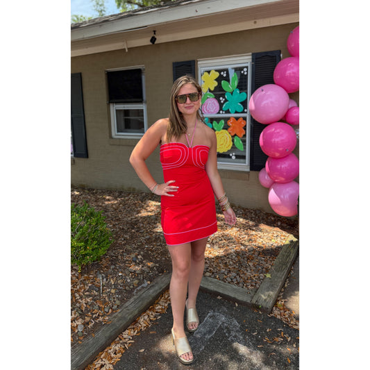 Josie Detail Mini Dress, Red/Pink
