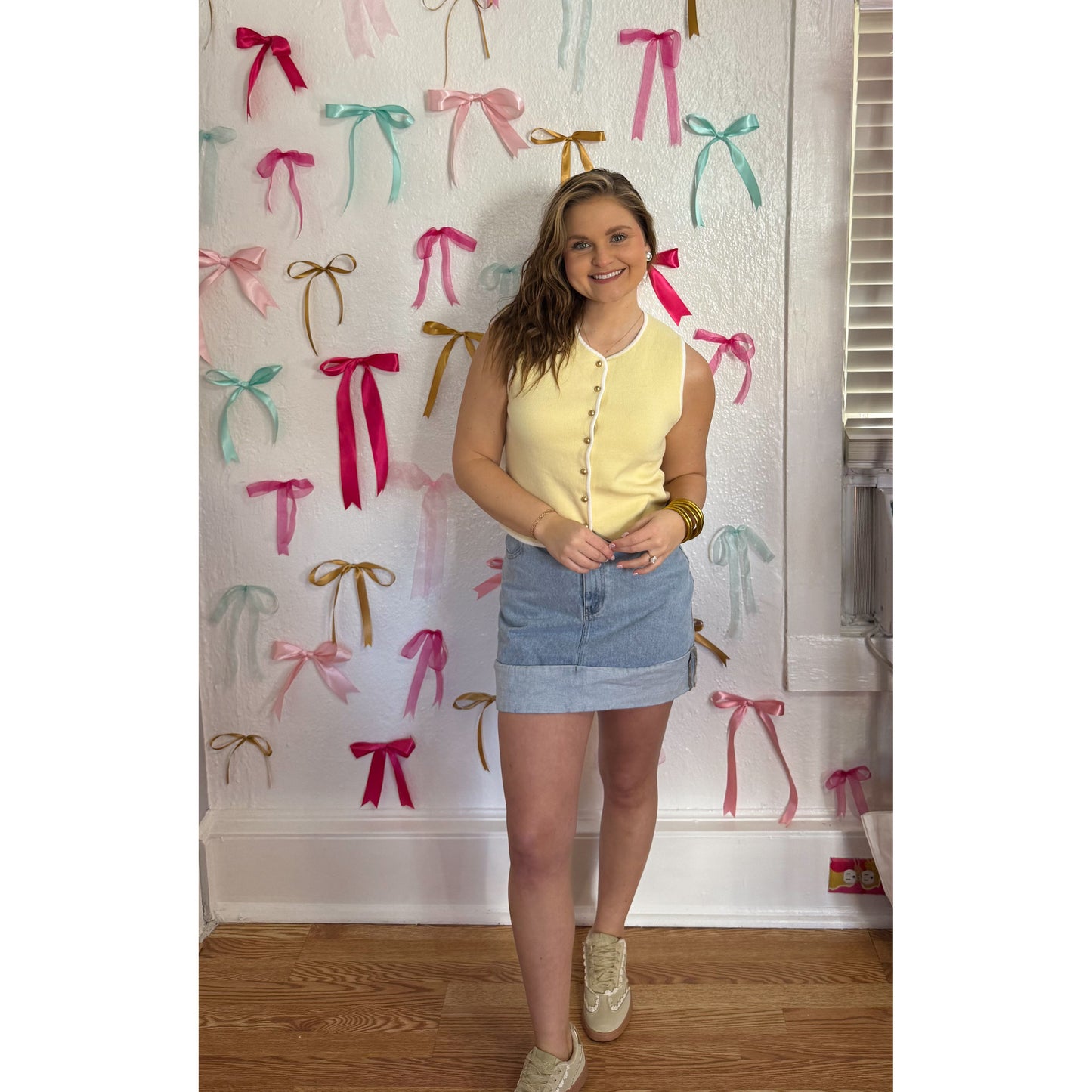 Caroline Button Vest, Butter Yellow/White