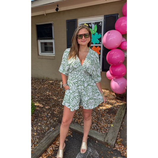 Paisley Pattern Romper, Sage Green/White