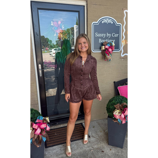Marlowe Faux Suede Romper, Chocolate
