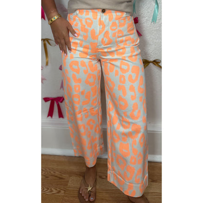 Neon Orange Leopard Wide Leg Pants