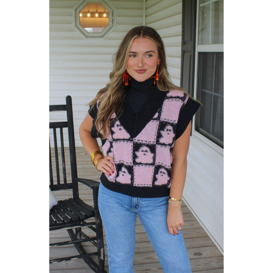 For the Ghouls Sweater Vest, Light Pink/Black