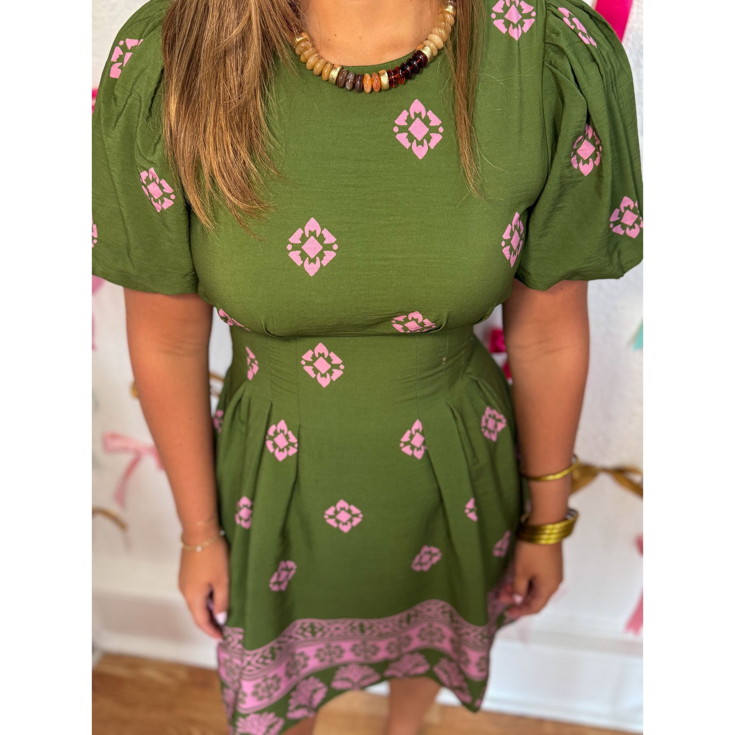 Harlow Paisley Print Mini Dress, Green/Pink