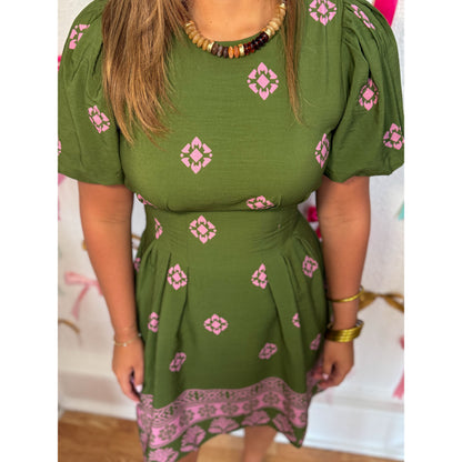 Harlow Paisley Print Mini Dress, Green/Pink