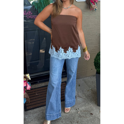 Ellison Lace Trim Top, Chocolate/Blue