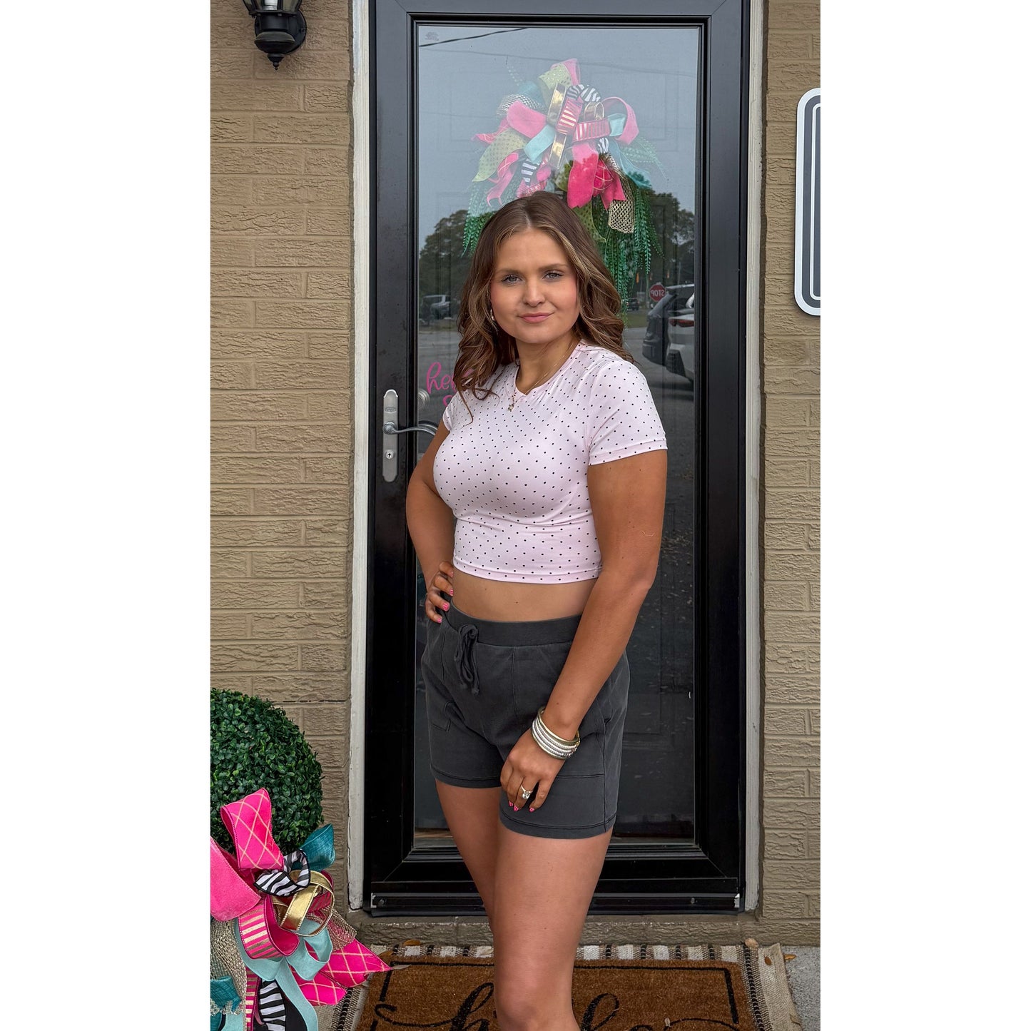 Polka Dot Detail Crop Top, Pink/Black