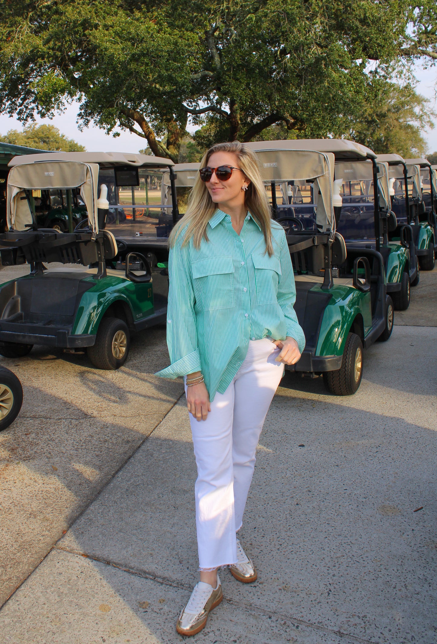 Match Play Stripe Button Down Top, Kelly Green/White