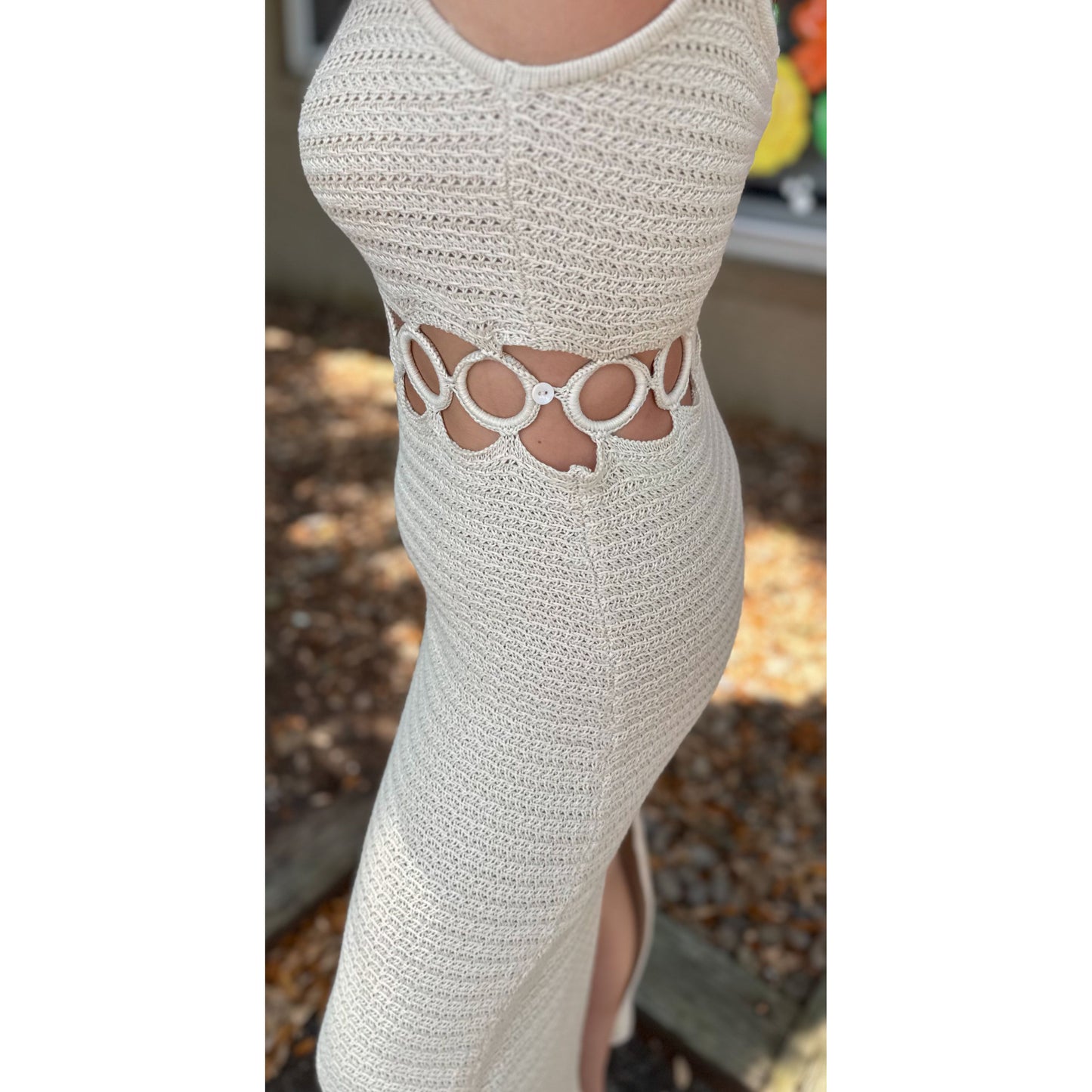 O-Ring Crochet Midi Dress, Cream