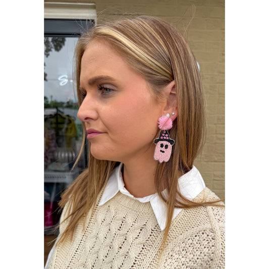 Beaded Ghost Earrings, Pink