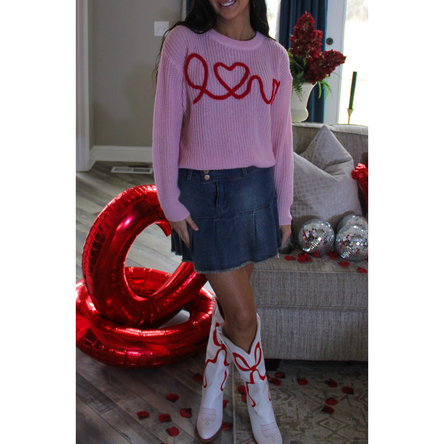 This Means Love Sweater, Baby Pink/Red