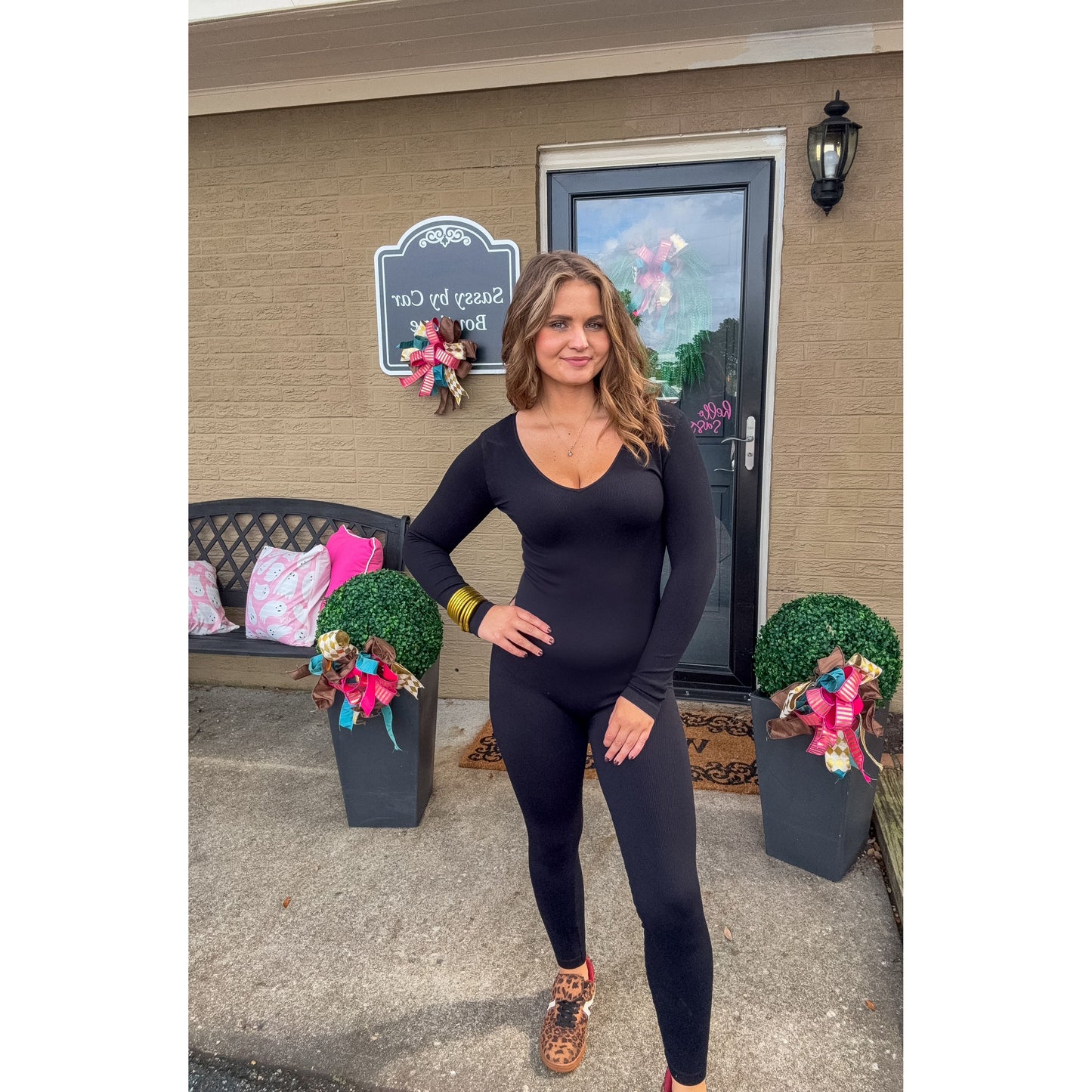 Ribbed Long Sleeve Jumpsuit, Black