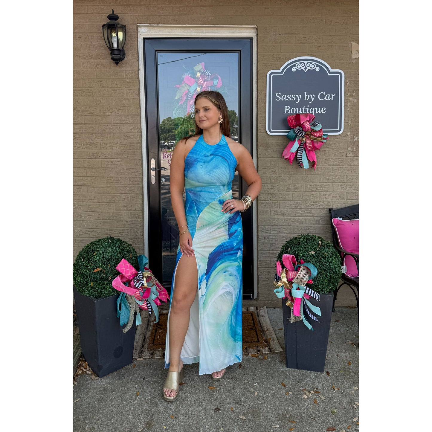 Watercolor Halter Detail Maxi Dress, Blue Multi