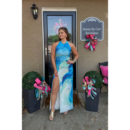 Watercolor Halter Detail Maxi Dress, Blue Multi