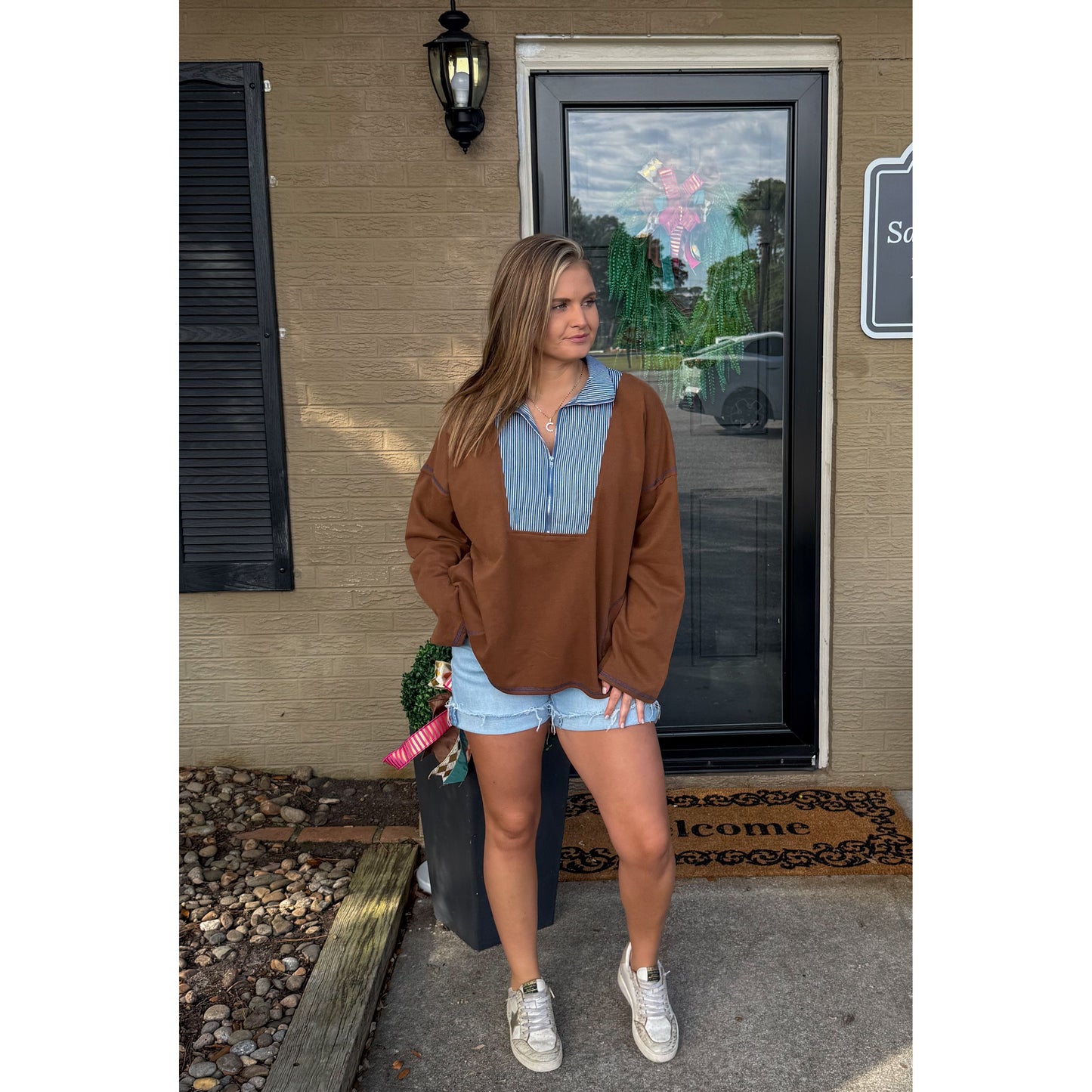 Amy French Terry Sweatshirt, Chocolate/Denim