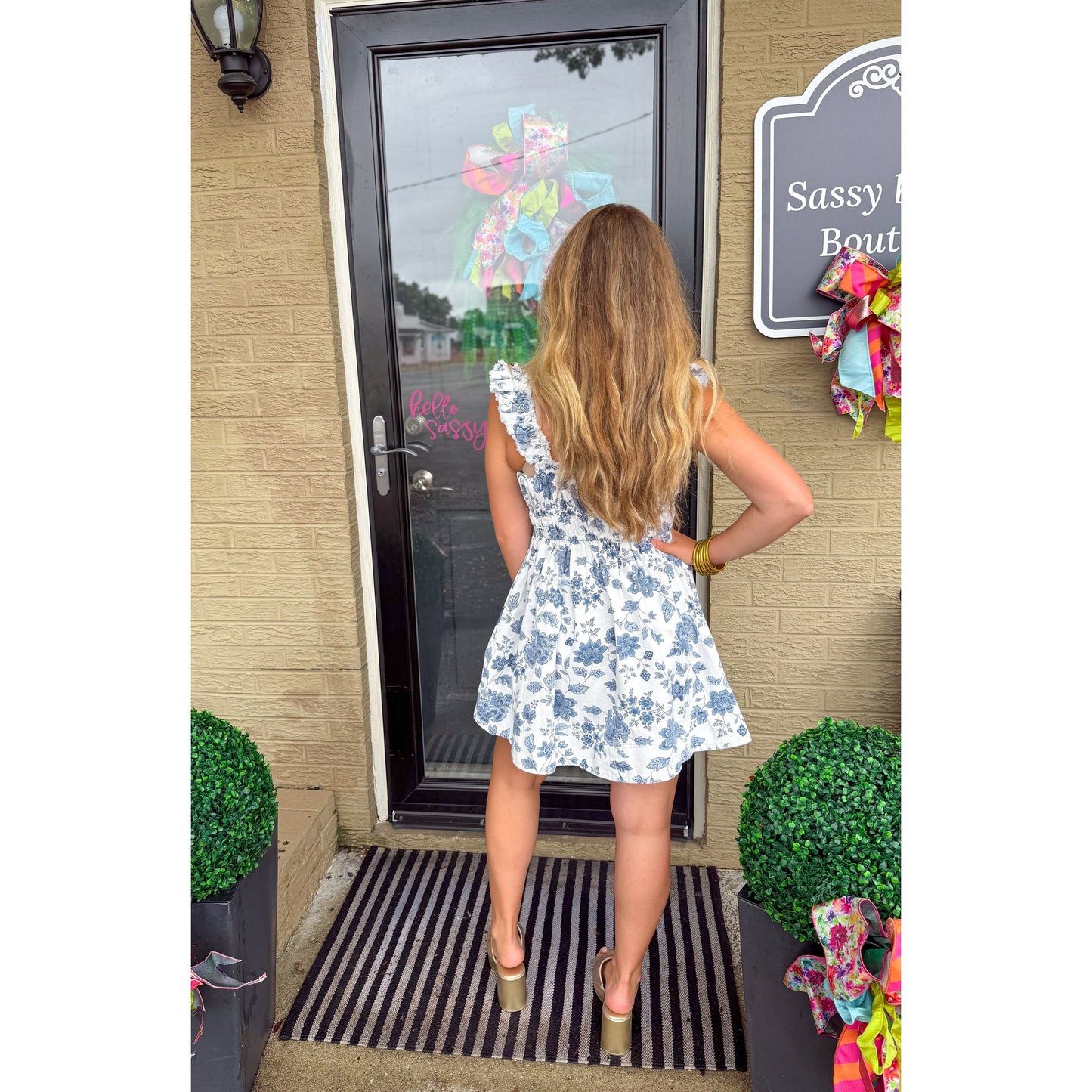 Caroline Denim Floral Mini Dress, Blue/White