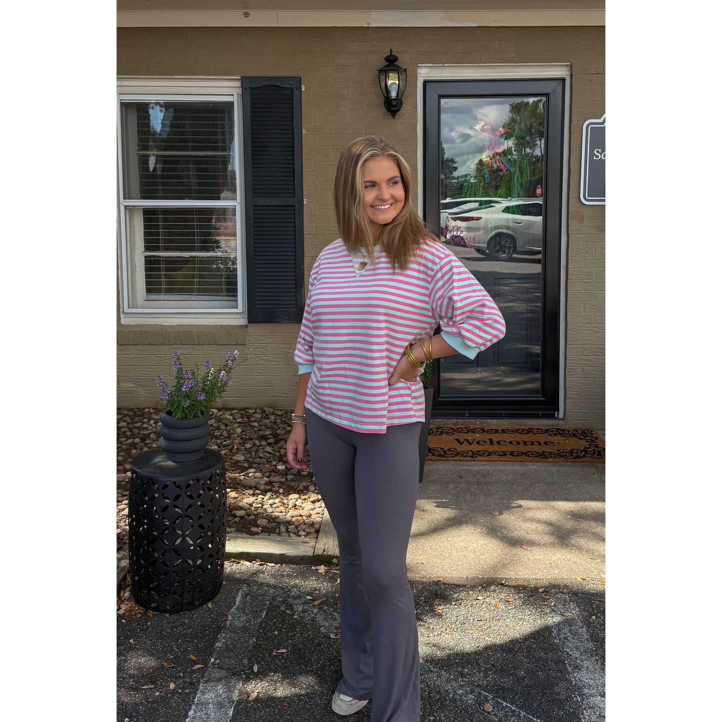 Teagan Stripe Pullover, Aqua/Pink