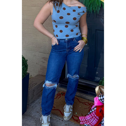 Polka Dot Asymmetrical Detail Top, Blue/Brown