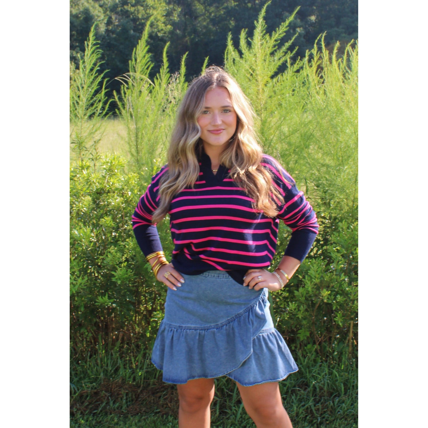 Khloe Stripe Top, Navy/Pink