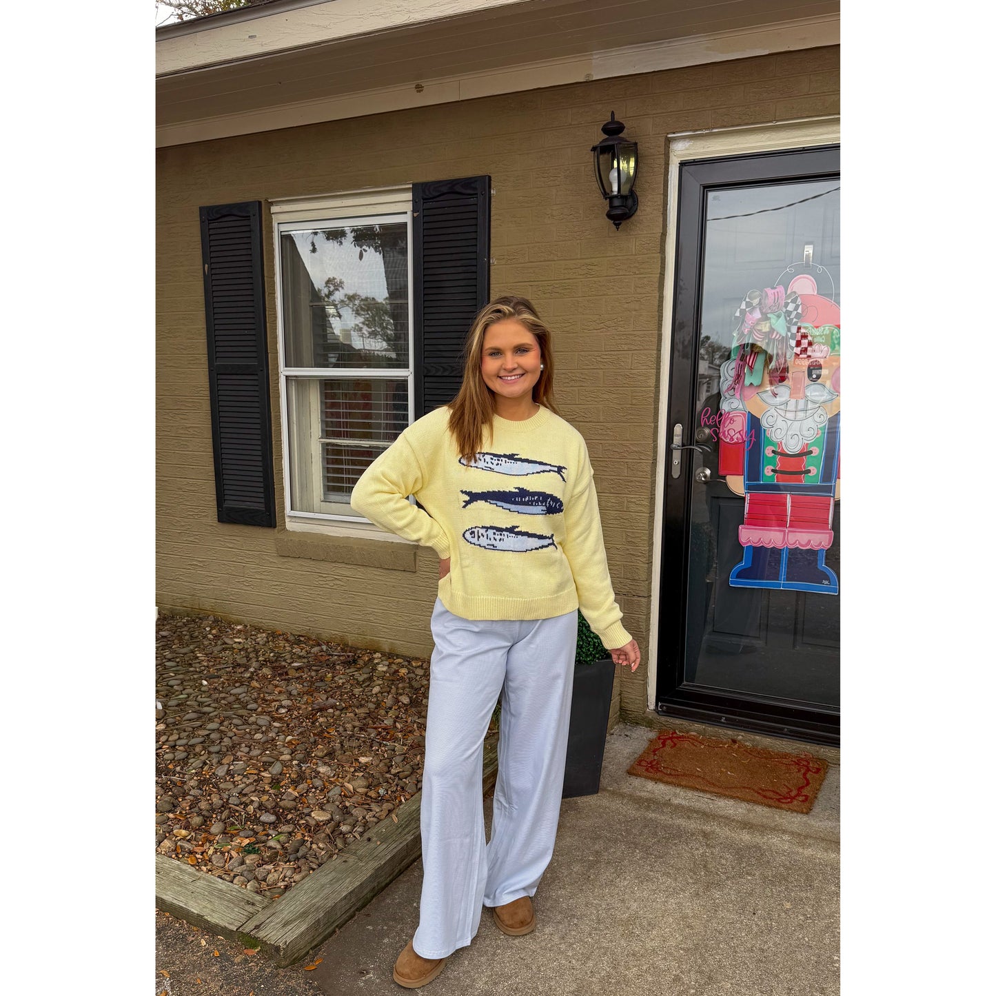 Sardine Graphic Knit Sweater, Butter Yellow