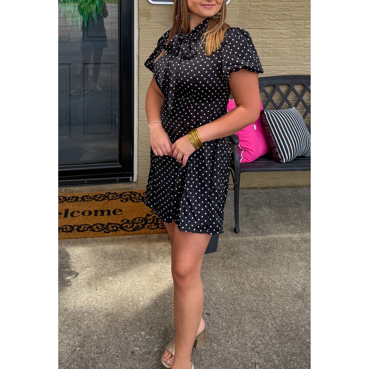 Polka Dot Mini Dress, Black/White