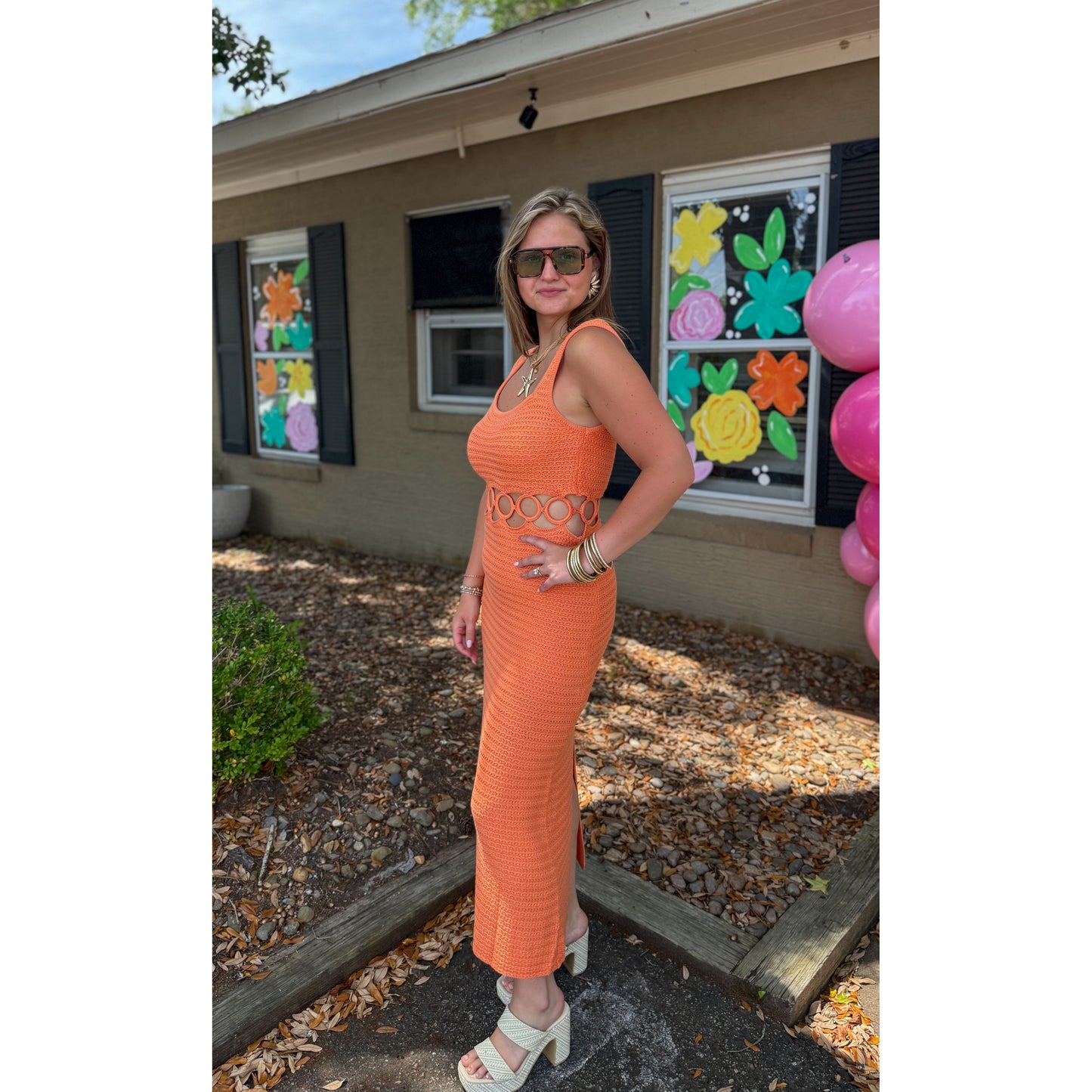 O-Ring Crochet Midi Dress, Orange