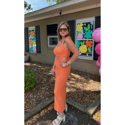 O-Ring Crochet Midi Dress, Orange