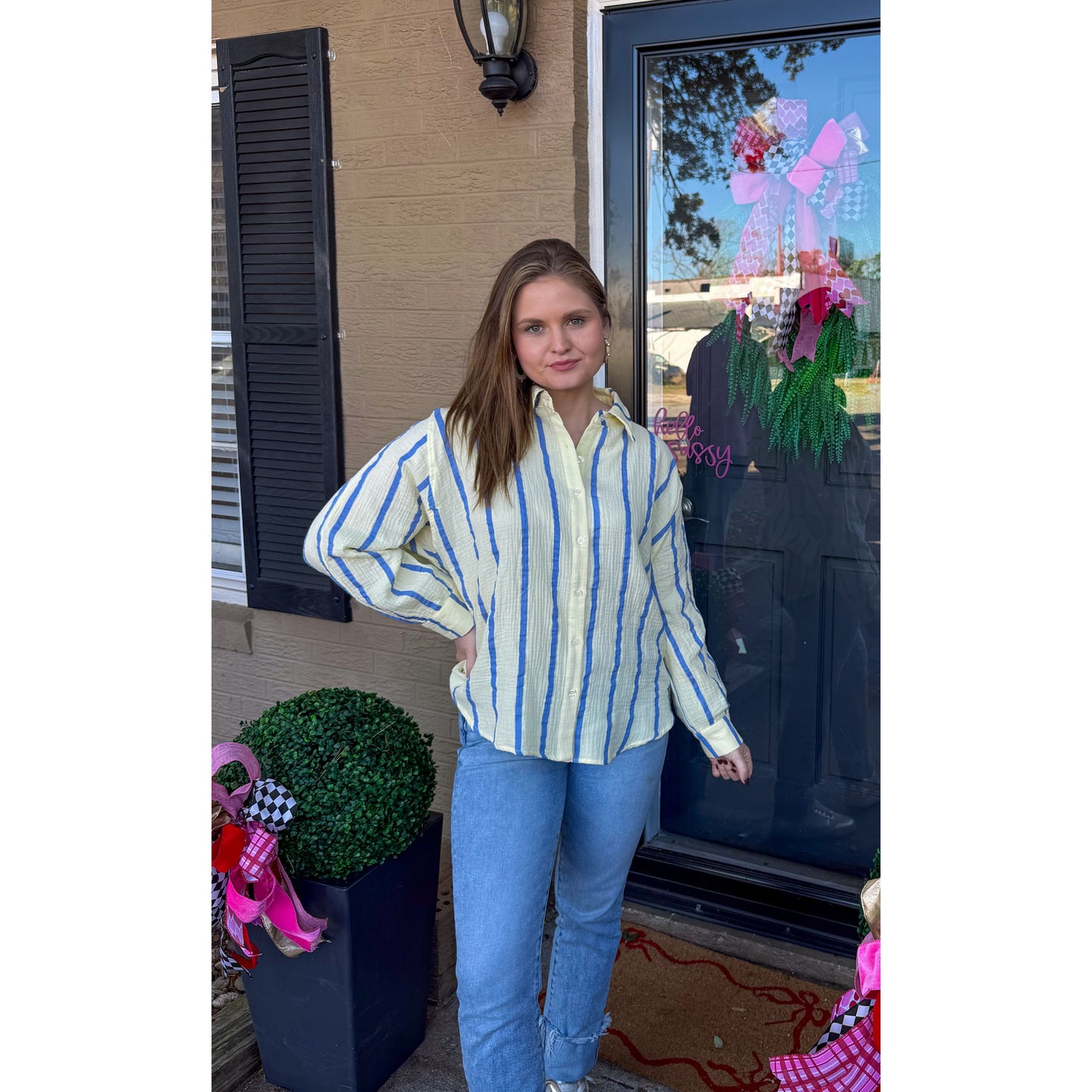 Anne Stripe Button Down Top, Butter Yellow/Blue