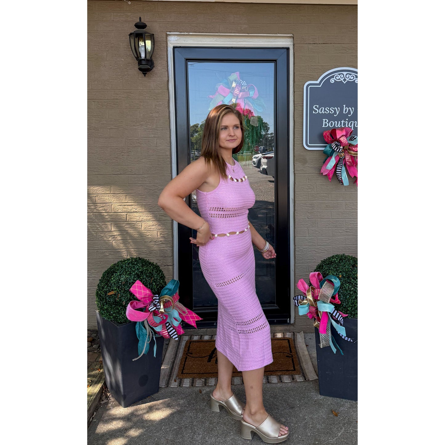 Seashell Detail Knit Dress, Baby Pink