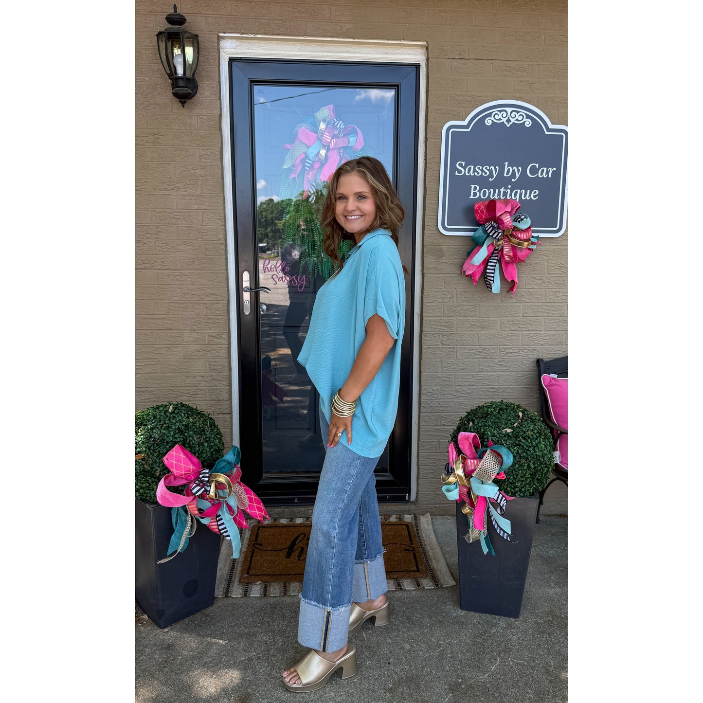 Hannah V-Neck Top, Aqua Blue