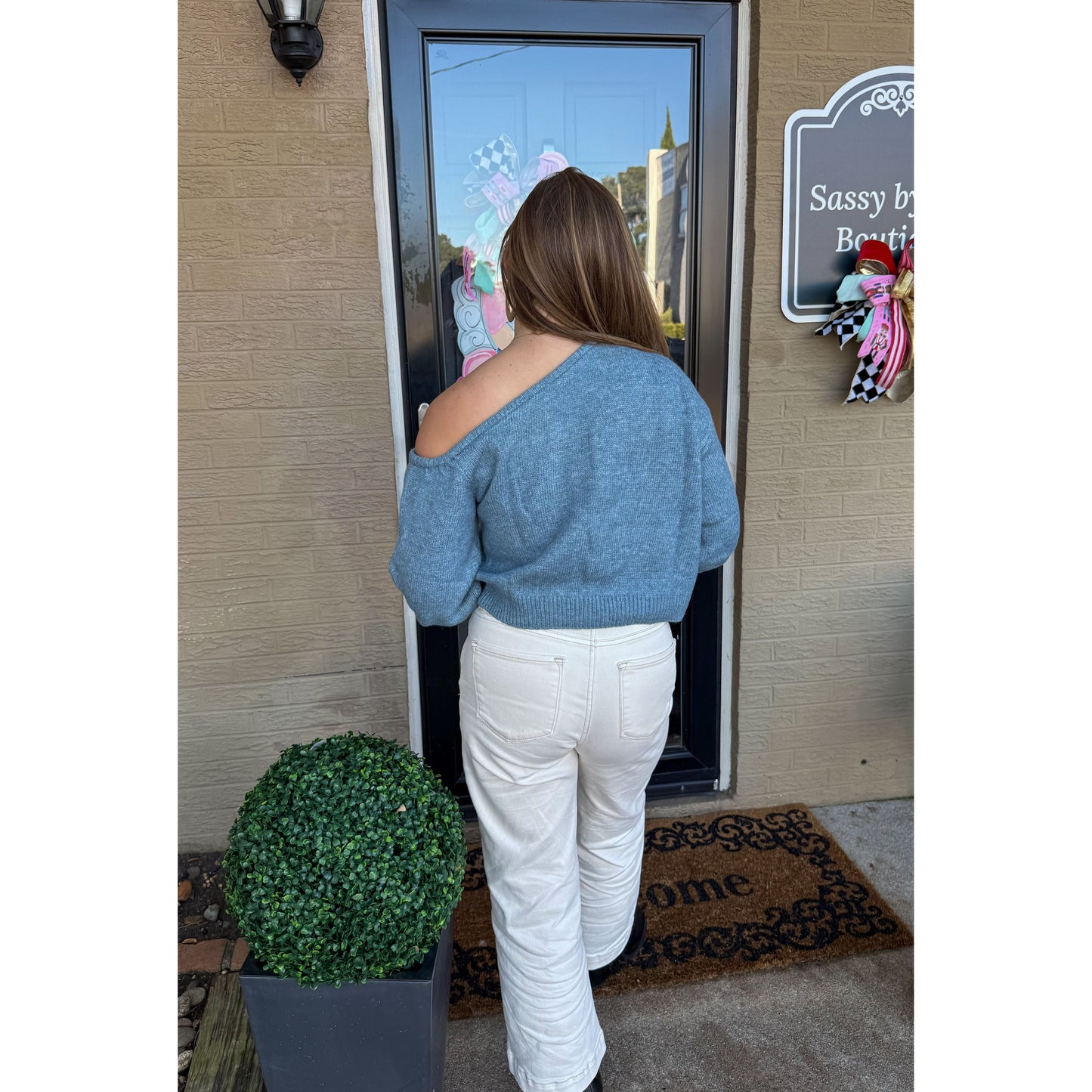 Noelle Asymmetrical Neckline Sweater, Blue