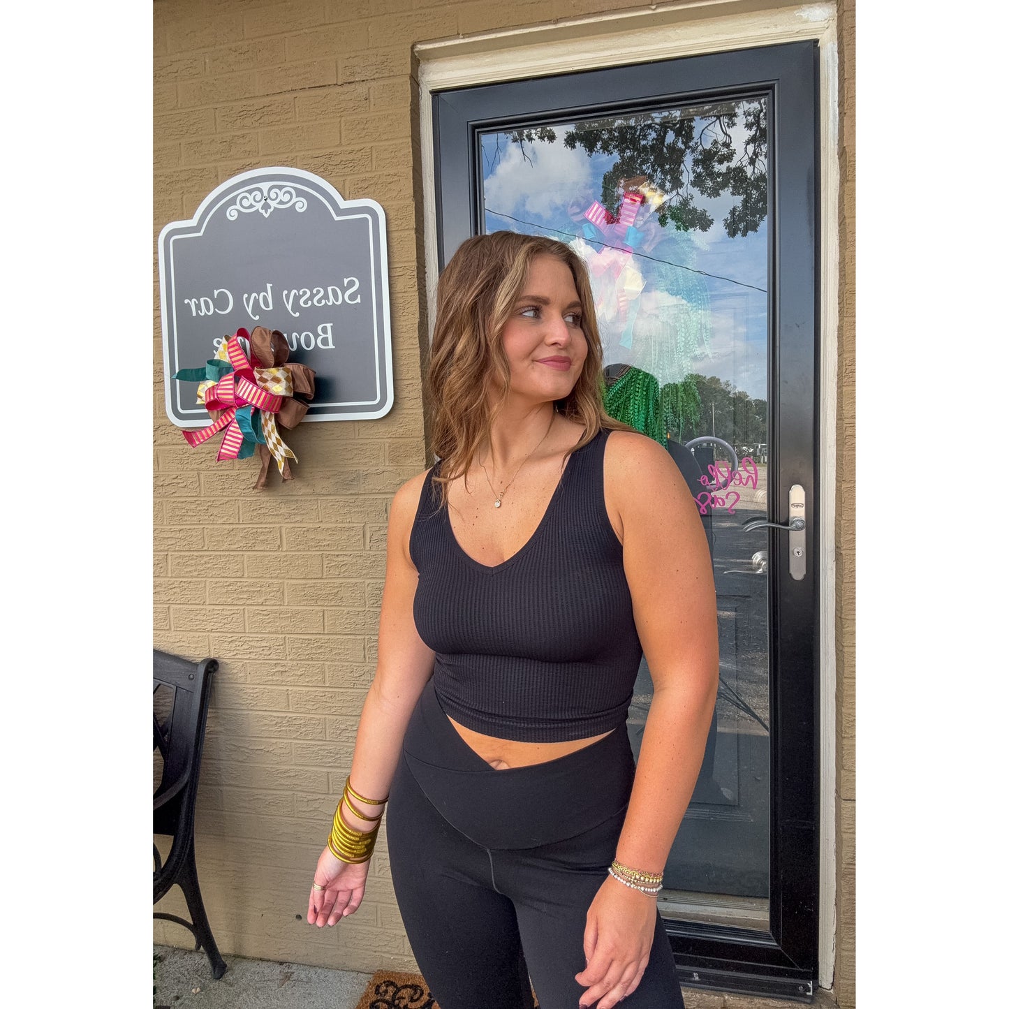 V Neck Ribbed Crop Top, Black