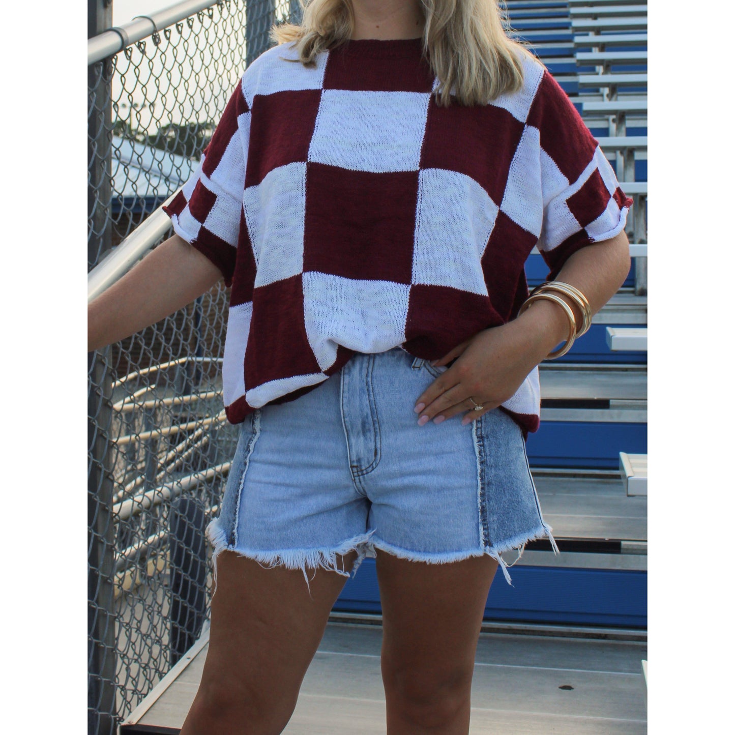 Goal Line Checkered Top, Garnet/White