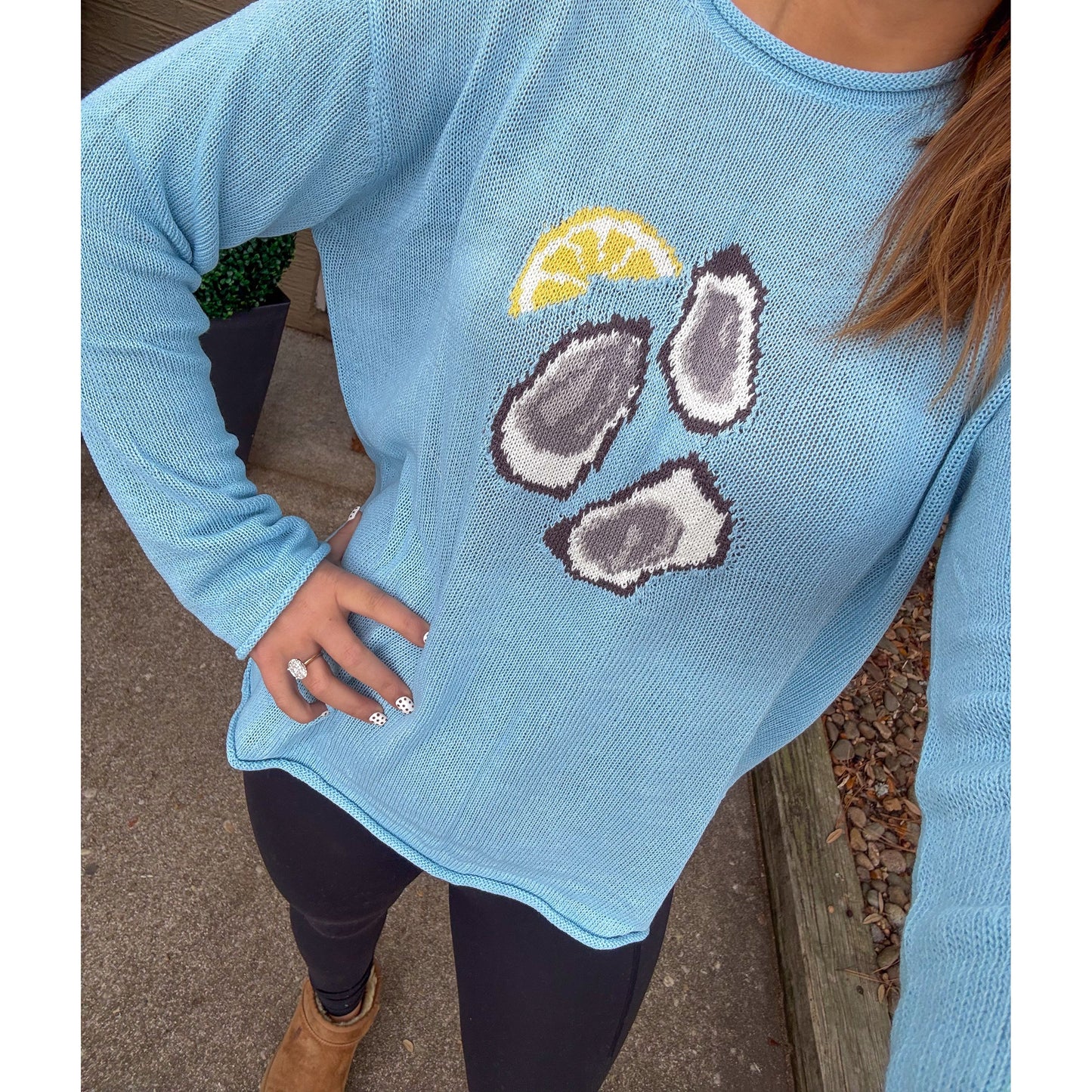 Oyster Graphic Knit Sweater, Sky Blue