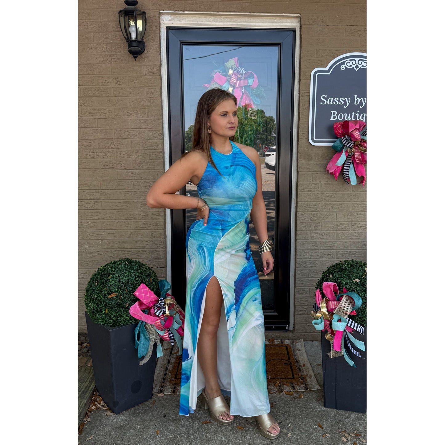 Watercolor Halter Detail Maxi Dress, Blue Multi