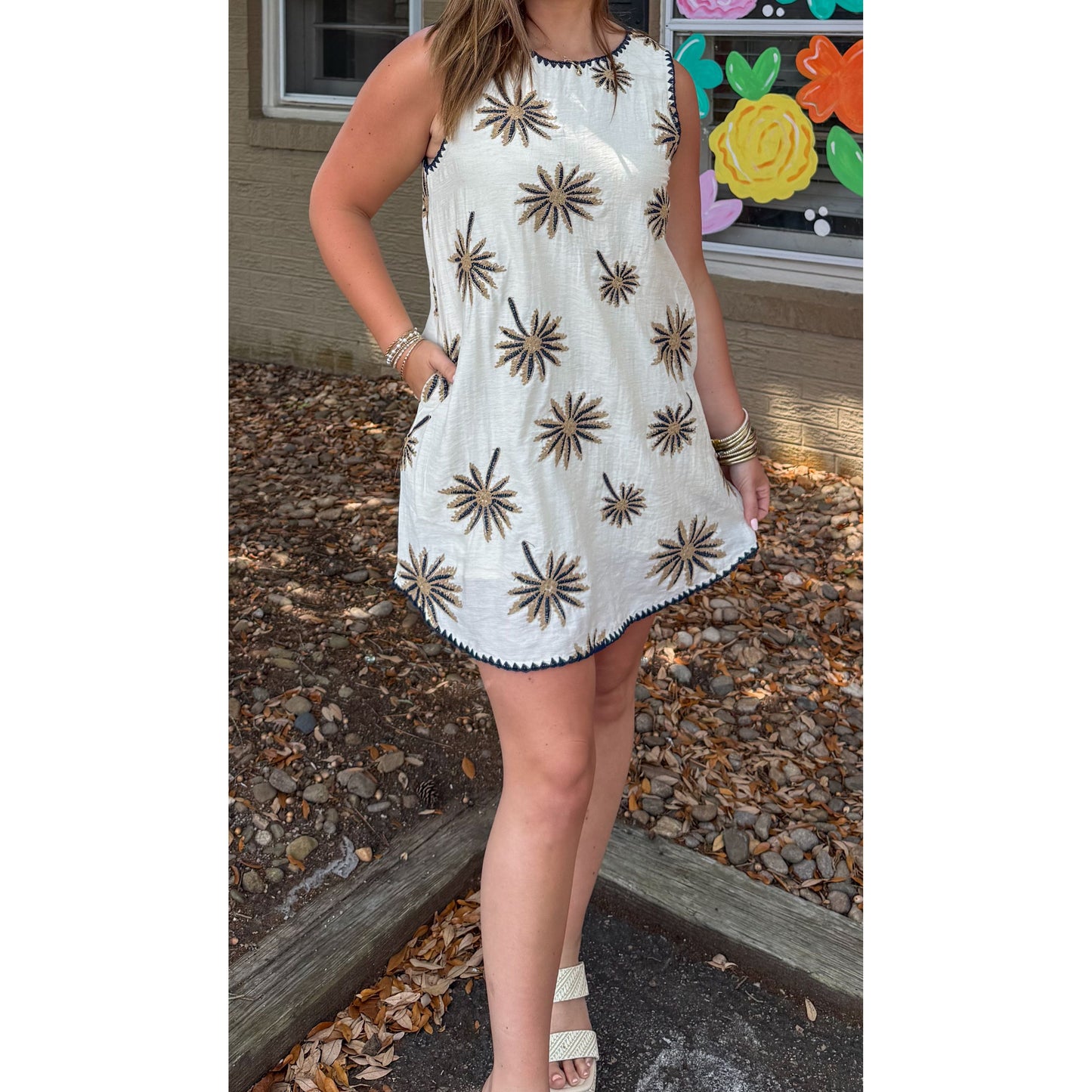 Stevie Detail Mini Dress, Cream Multi