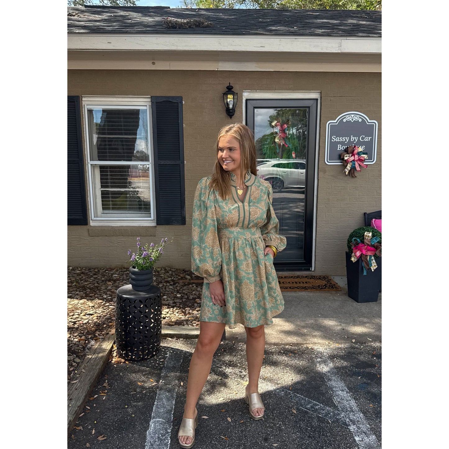 Jordyn Mini Dress, Gold/Sage Green