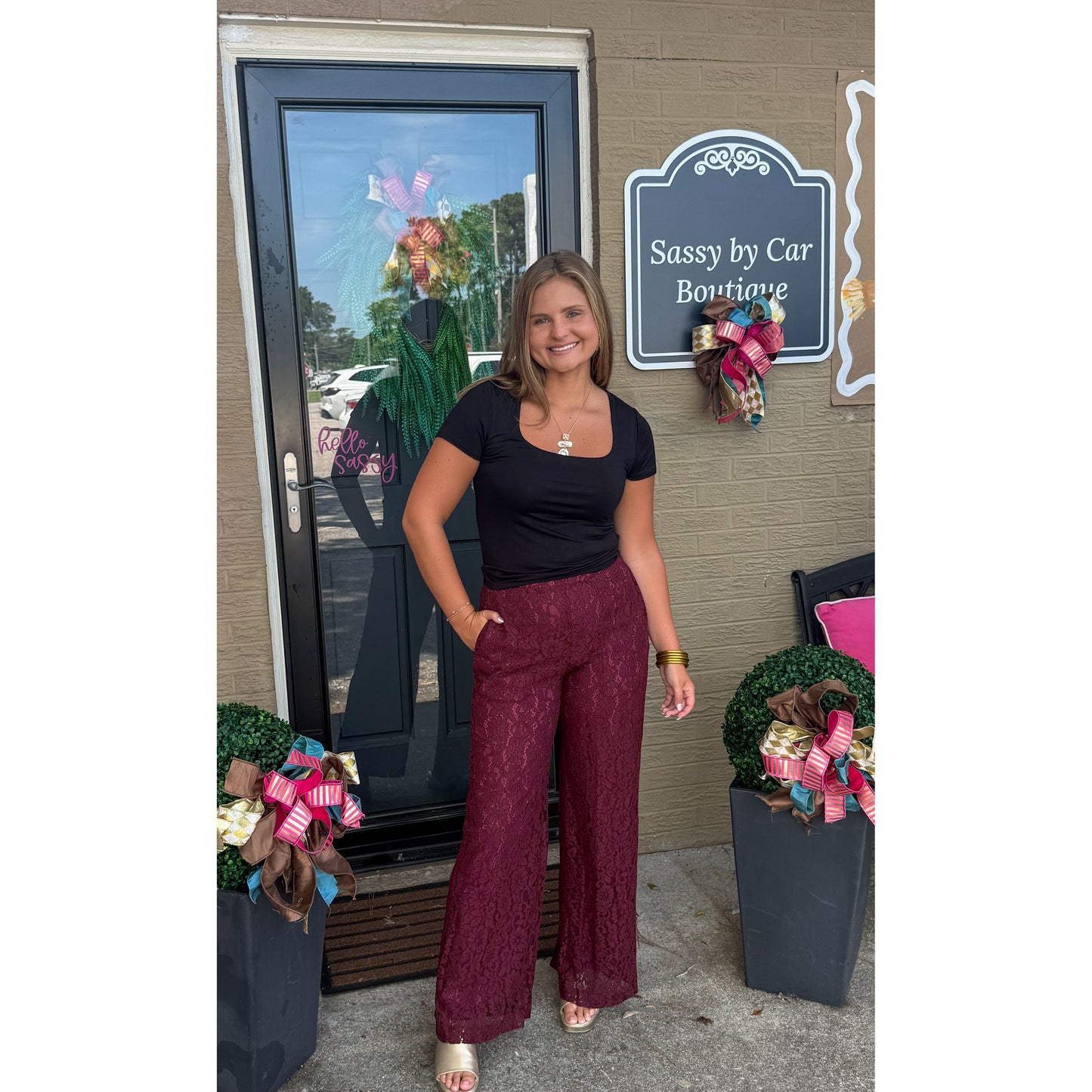 Margot Lace Wide Leg Pants, Burgundy
