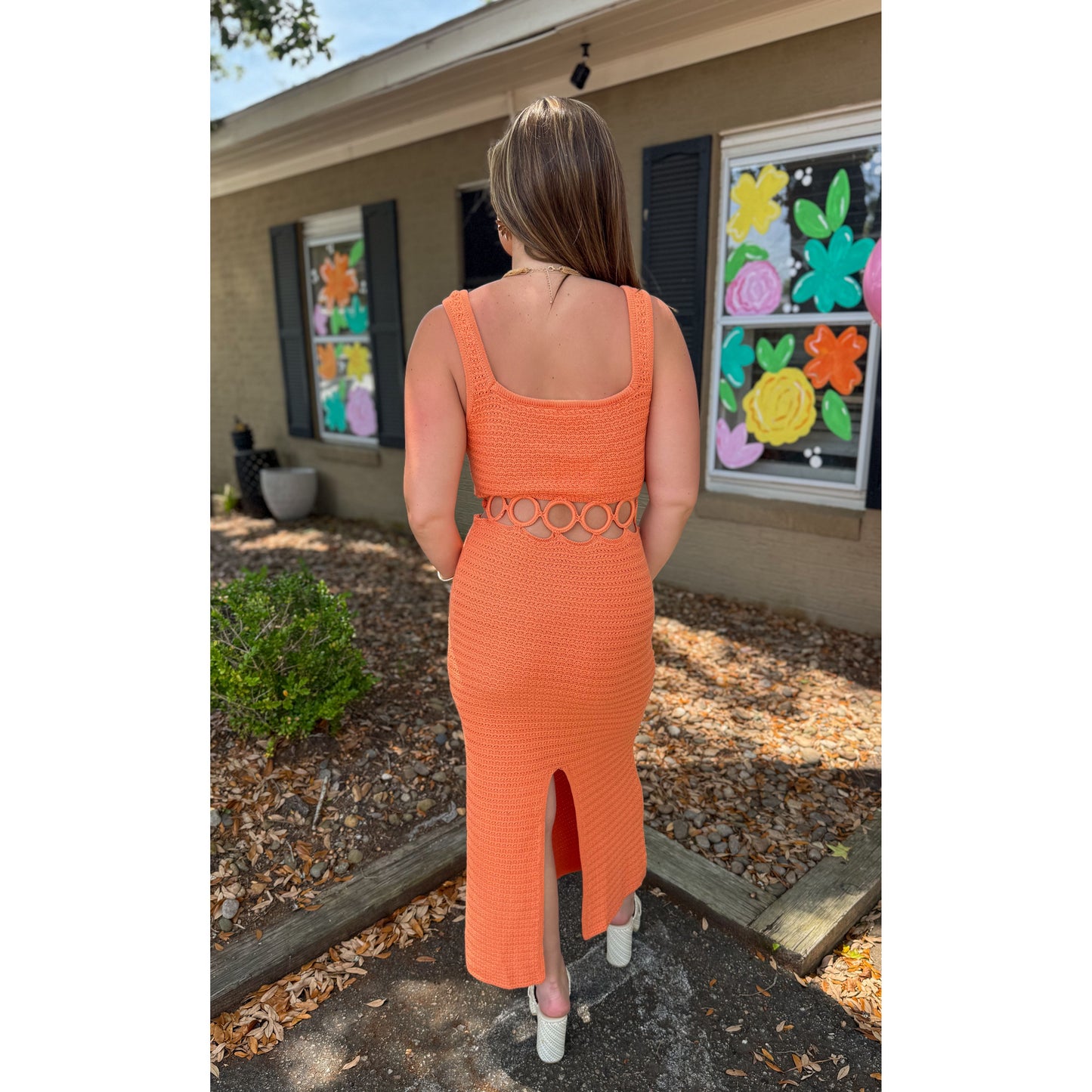 O-Ring Crochet Midi Dress, Orange