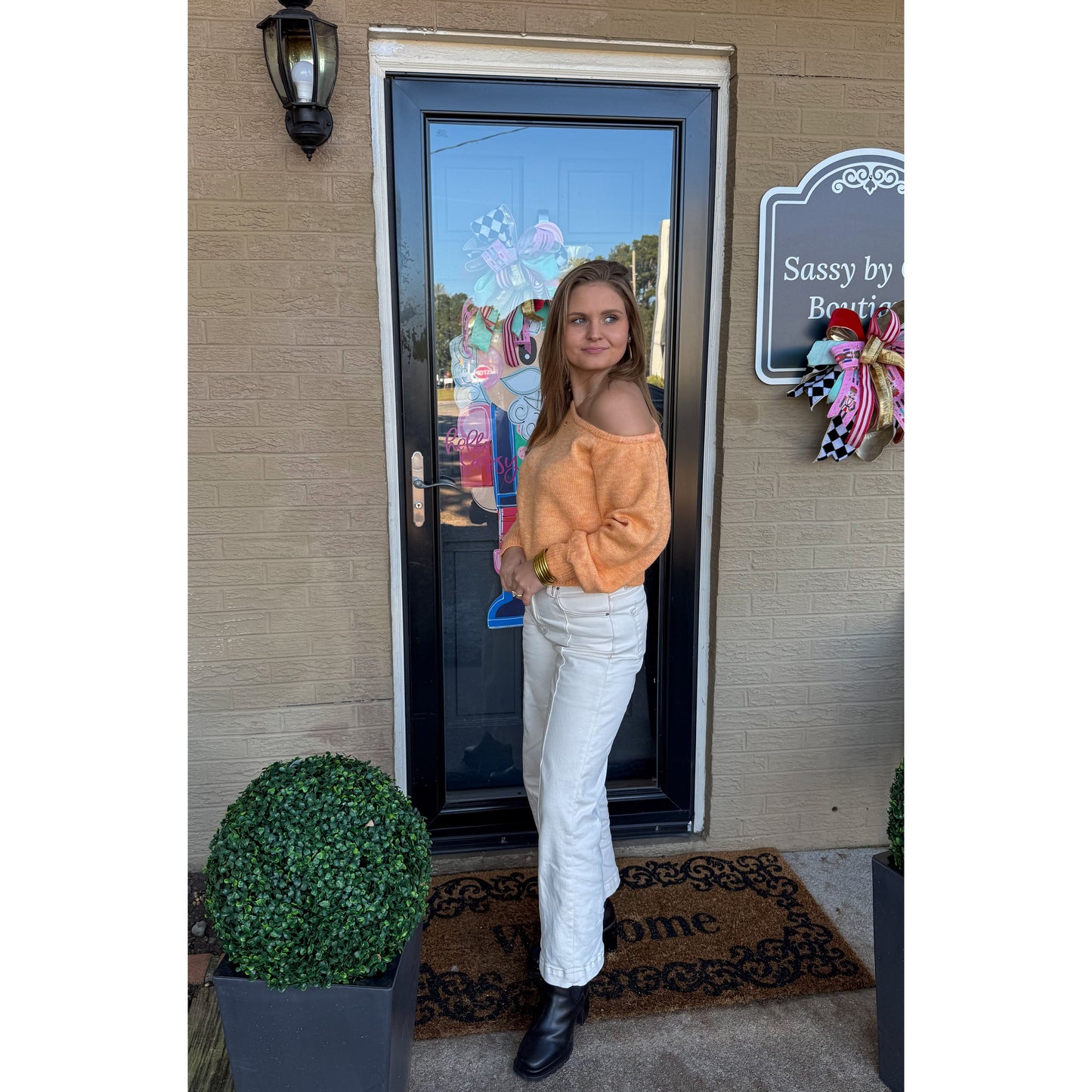 Noelle Asymmetrical Neckline Sweater, Light Orange