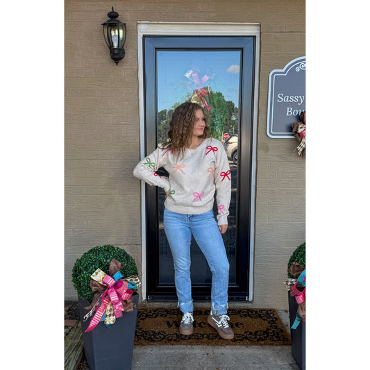 Multi-Color Bow Sweater, Taupe Multi