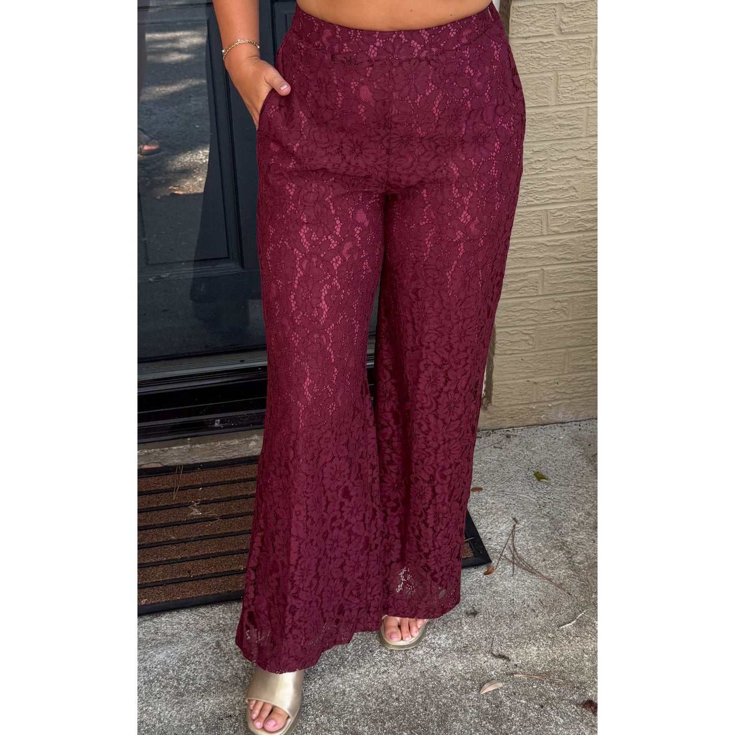 Margot Lace Wide Leg Pants, Burgundy