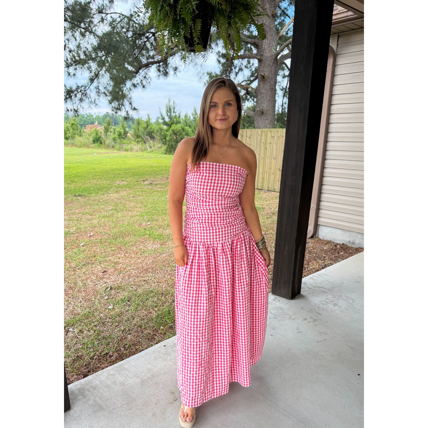 Strapless Gingham Maxi Dress, Red/White
