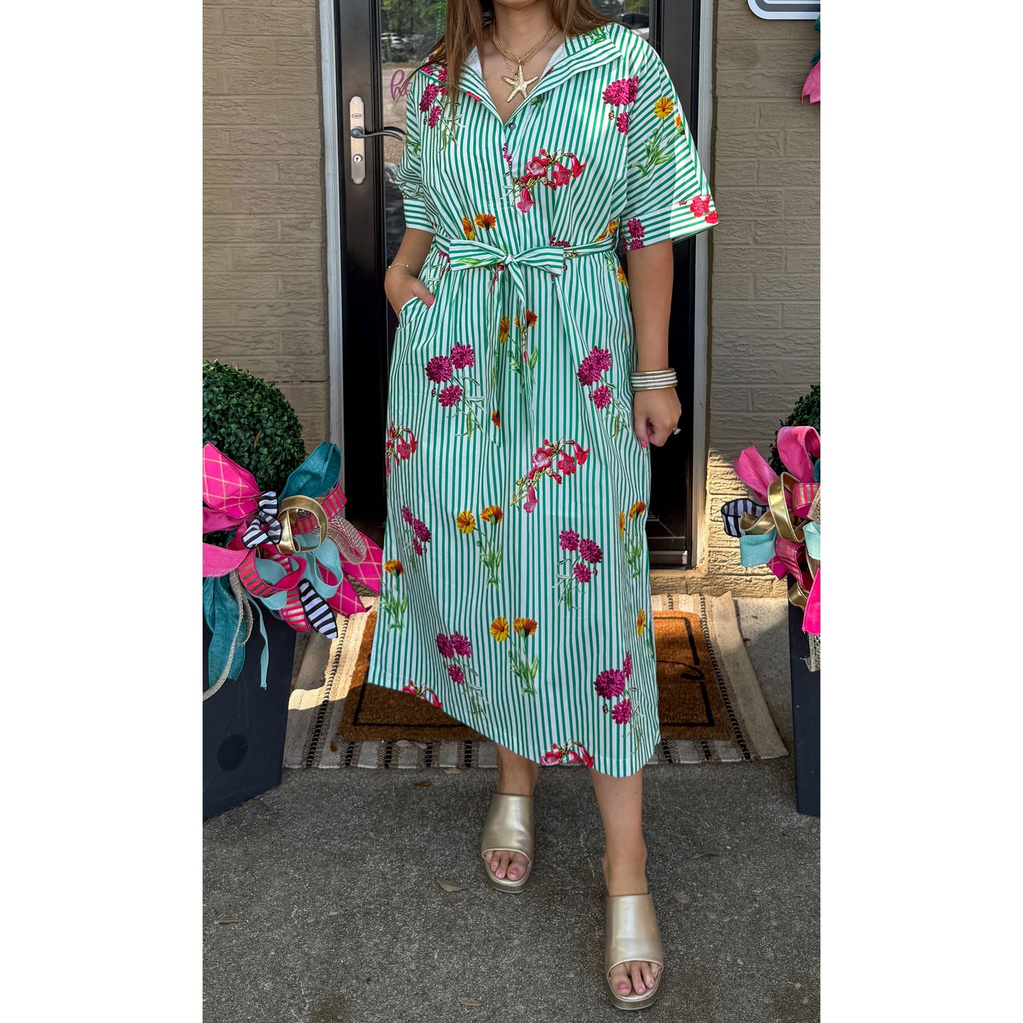 Lilly Detail Midi Dress, Green Multi