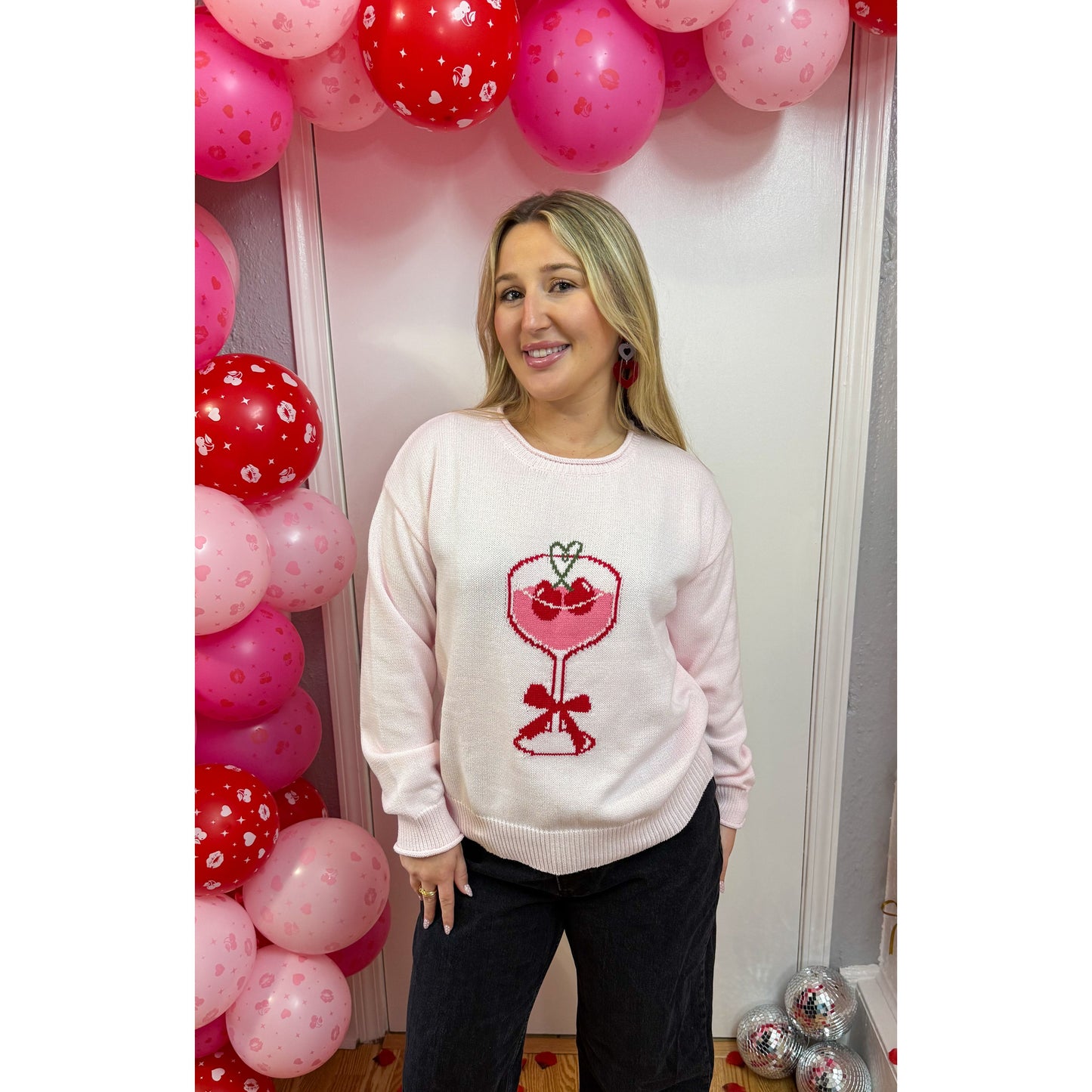Heart Martini Graphic Sweater, Light Pink Multi