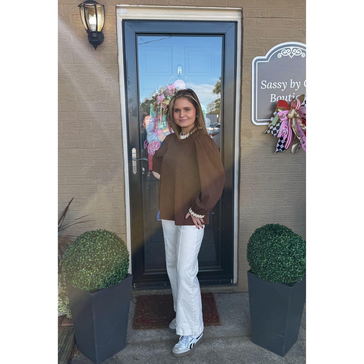 Brooke Detail Blouse, Brown/Ivory