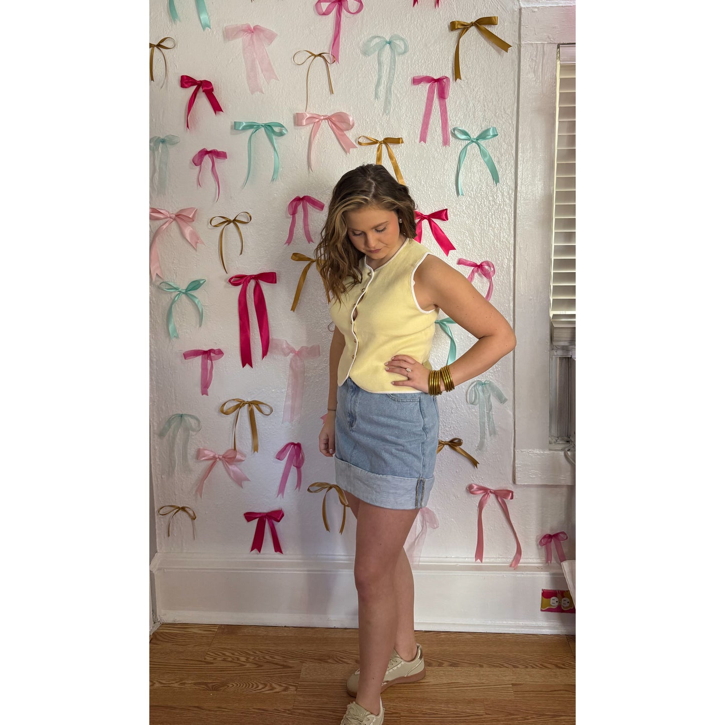 Caroline Button Vest, Butter Yellow/White