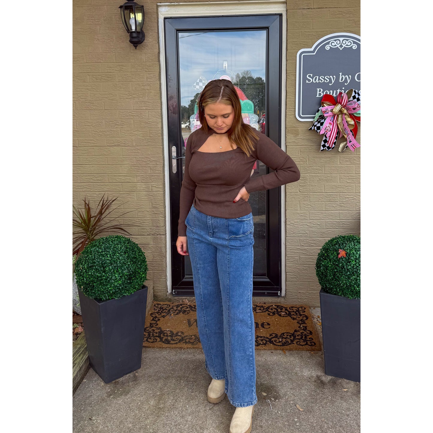 Mock Neck Cutout Top, Dark Brown