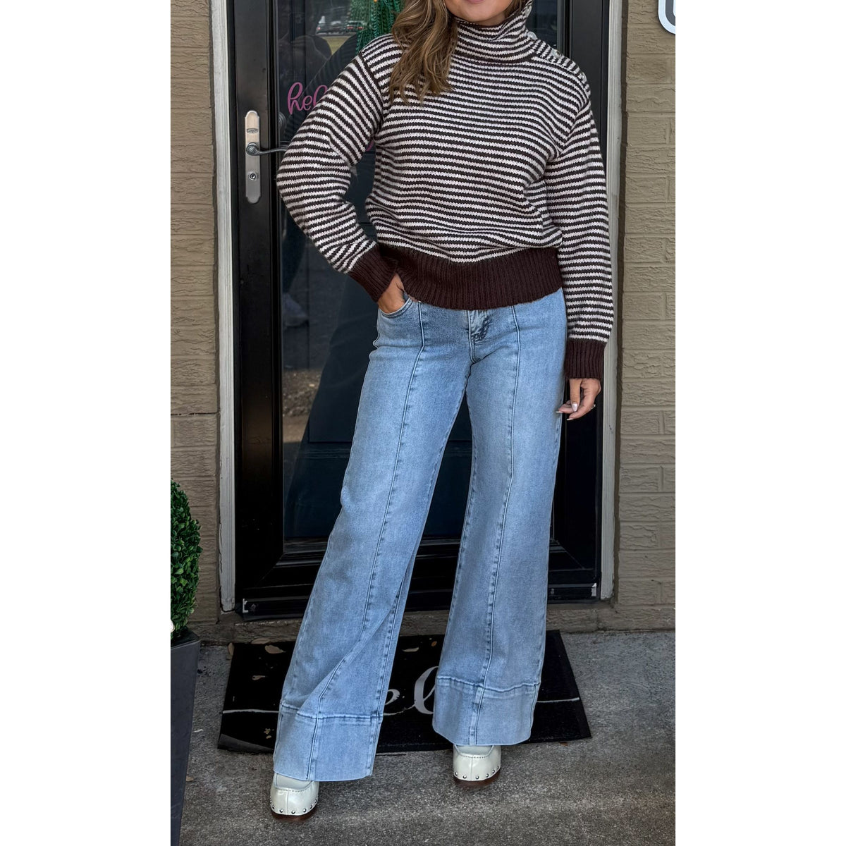Claire Striped Sweater, Brown/Ivory