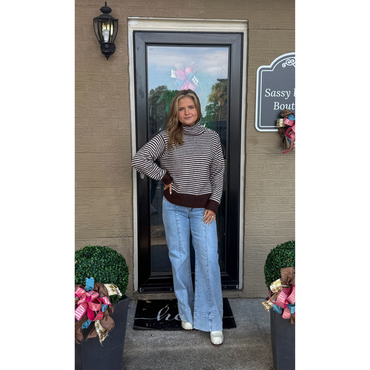 Claire Striped Sweater, Brown/Ivory
