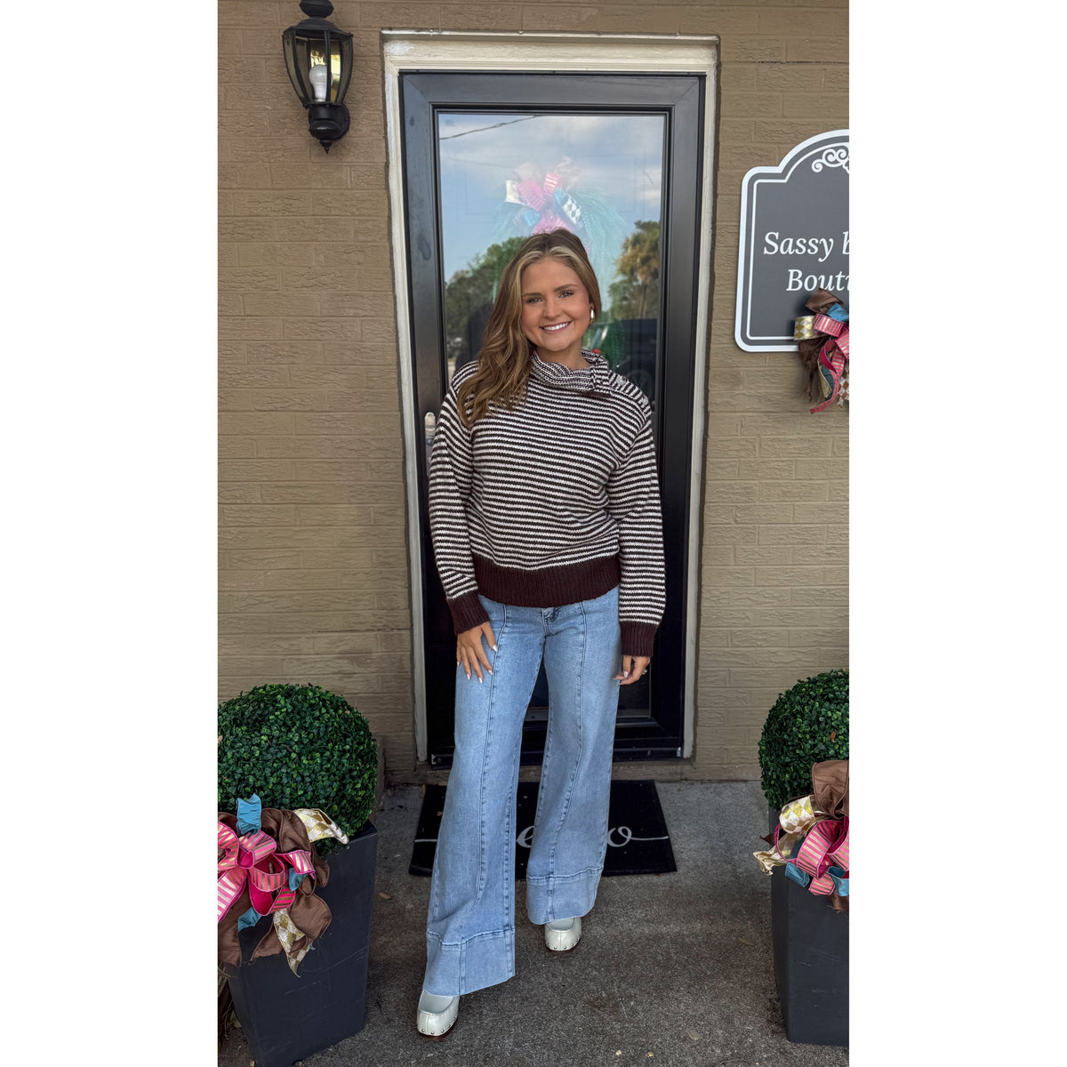 Claire Striped Sweater, Brown/Ivory